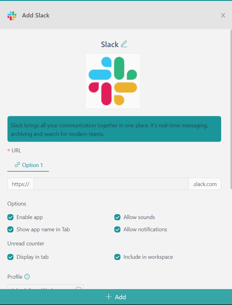 Add Slack app Unified Workspace