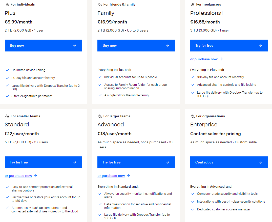 pricing Dropbox