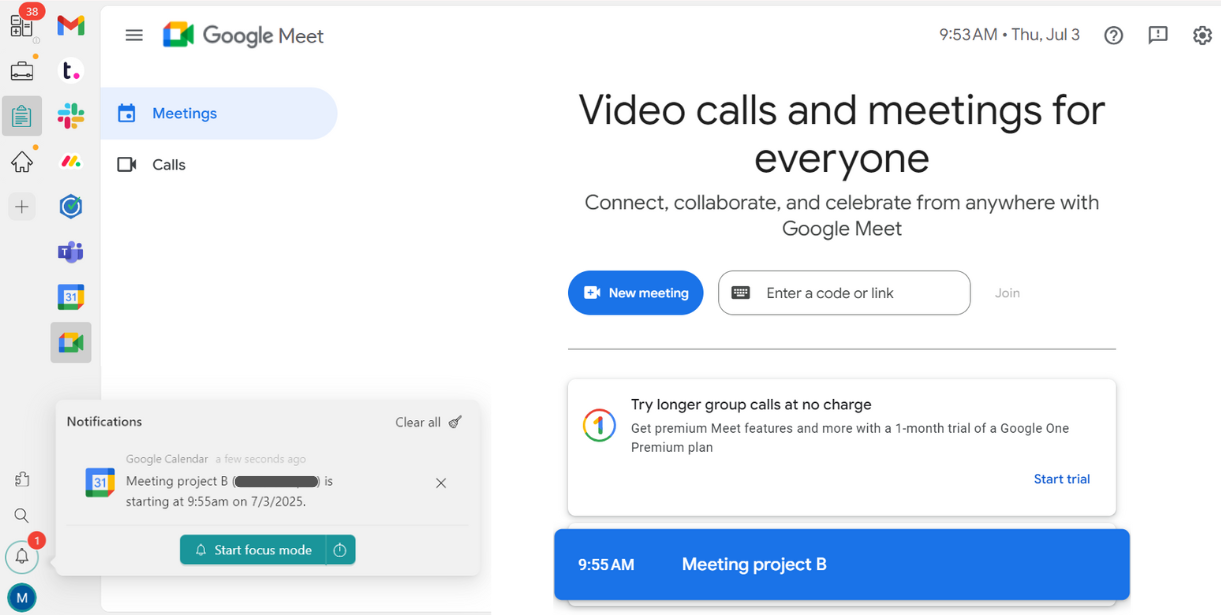 Google Meet notifications on Unified Workspace