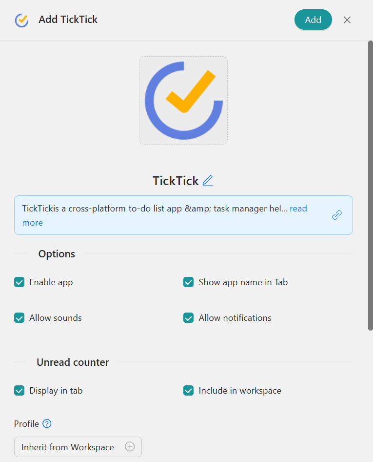 Configure TickTick on Unified Workspace